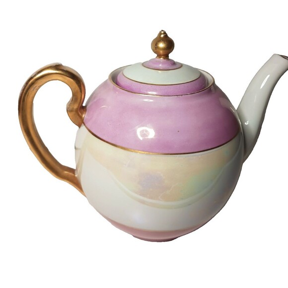 Antique G.H.O. Greiner & Herda Bavaria Lusterware Teapot Blue Pink Germany - Picture 6 of 13